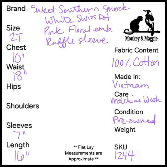 Sweet Southern Smock White Swiss Dot Pink Rose Smocking Ruffle Sleeve Girl 2T - Picture 9 of 9